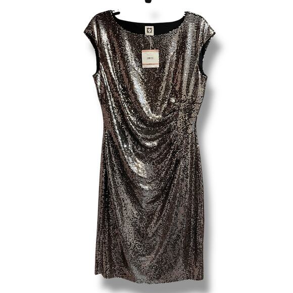 Anne Klein Size 12 Metallic Gold Ruched Cap Sleep Sheath Dress Knee Length NWT - Picture 3 of 12